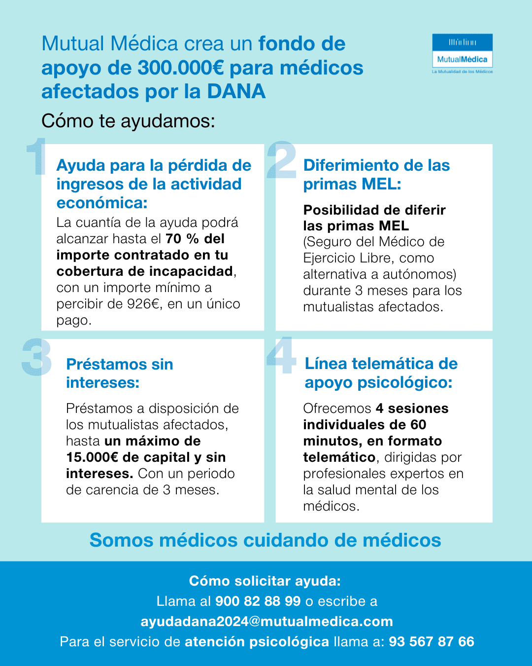 Infografia sobre les ajudes per a metges mutualistes de Mutual Mèdica després de la DANA a València